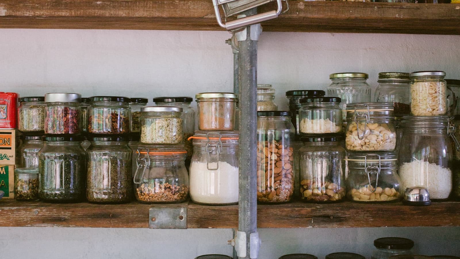 Neat shelves with food products in glass jars
