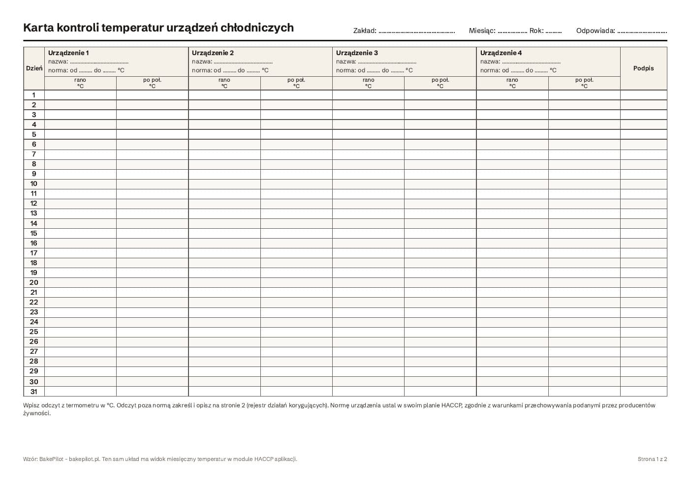 Preview of the first page of the temperature log (in Polish): a table with days 1 to 31 and four units, with fields for the name, range and morning and afternoon readings