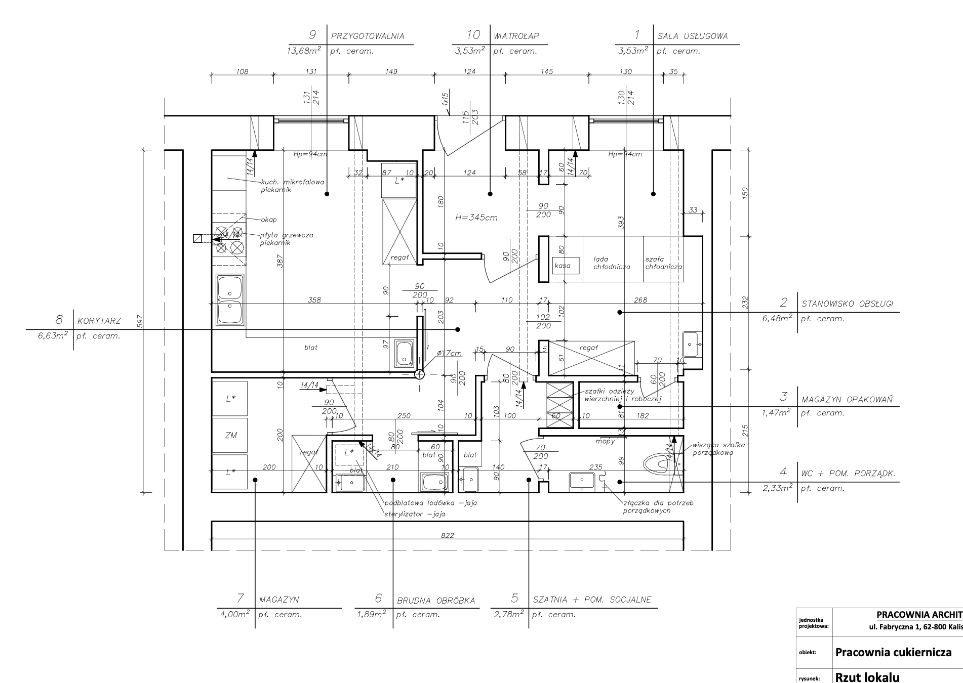 Floor plan of the PyziPyzi pastry shop in Kalisz with the rooms required for the Sanepid inspection: preparation room, dirty processing area, storerooms, changing room, toilet and the corridor as a clean zone (labels in Polish)