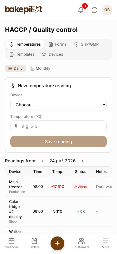 The HACCP module in BakePilot on a phone: a form for a new temperature reading and a list of the day's readings