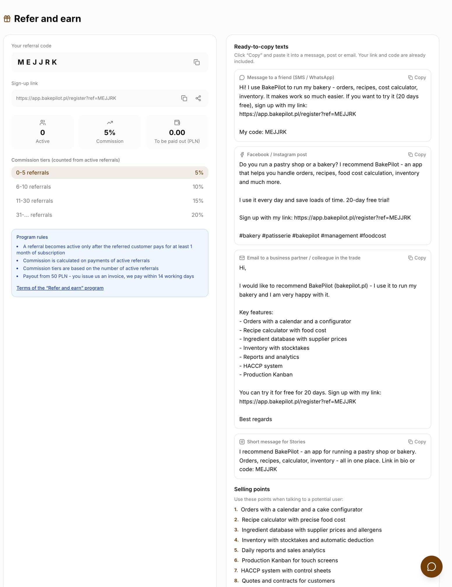 The Refer and earn page: referral code, sign-up link, Active, Commission and To be paid out tiles, commission tiers, program rules and ready-made texts to copy, plus selling points