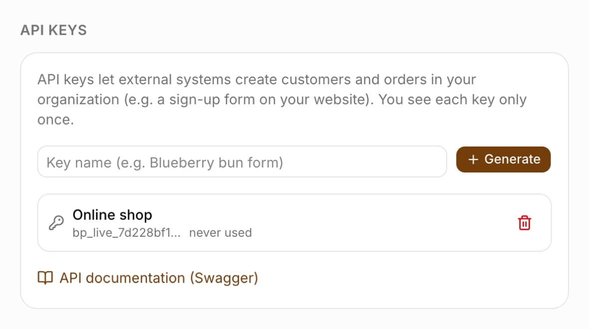 API keys section in Settings with a key name field and the Generate button