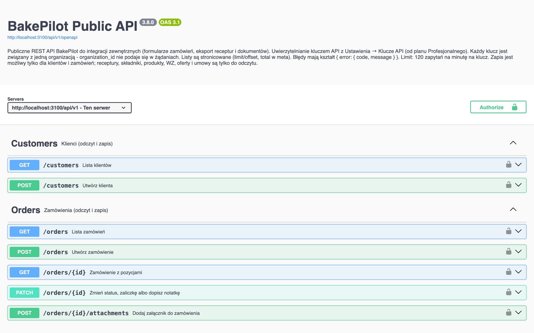 BakePilot Public API documentation in Swagger UI: customer, order and product catalog endpoints
