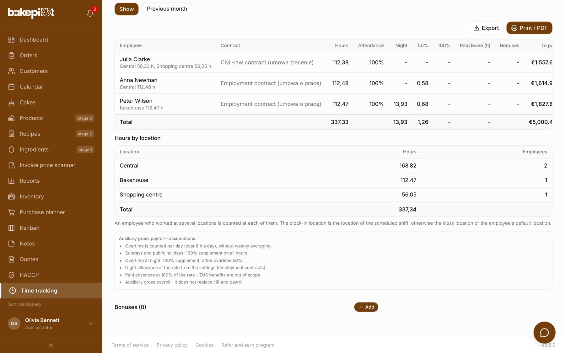 Payroll tab in the Time tracking module with the Hours by location table: the columns Location, Hours and Employees and a Total row