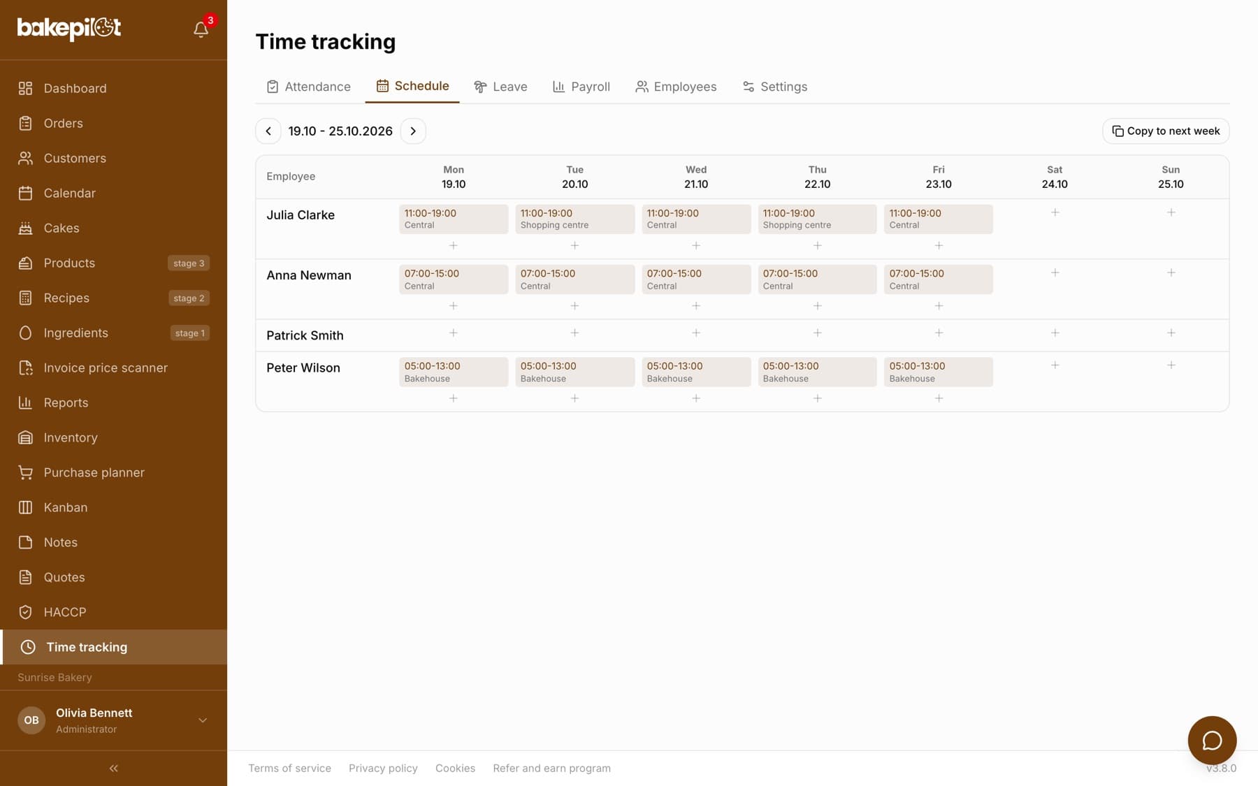 Schedule tab for the week of 31.08-06.09.2026: six employees in rows, shifts in the day cells and the Copy to next week button