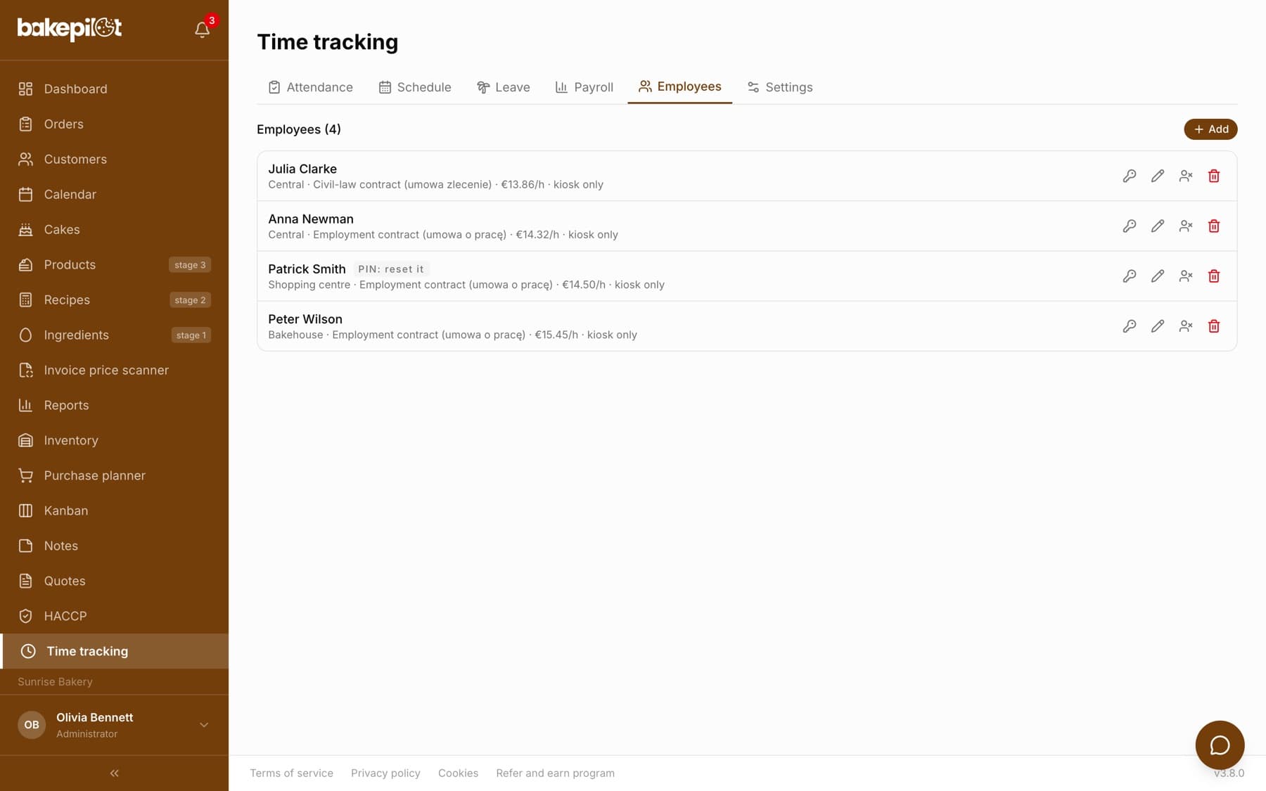Employees tab in the Time tracking module with a list of six employees: position, contract type, rate and a kiosk only marker