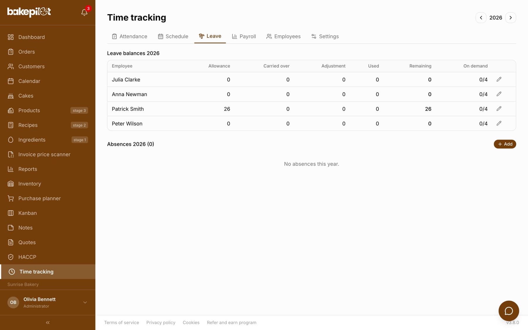 Leave tab with the Leave balances 2026 table: the columns Allowance, Carried over, Adjustment, Used, Remaining, On demand for six employees and the Absences 2026 section with an Add button