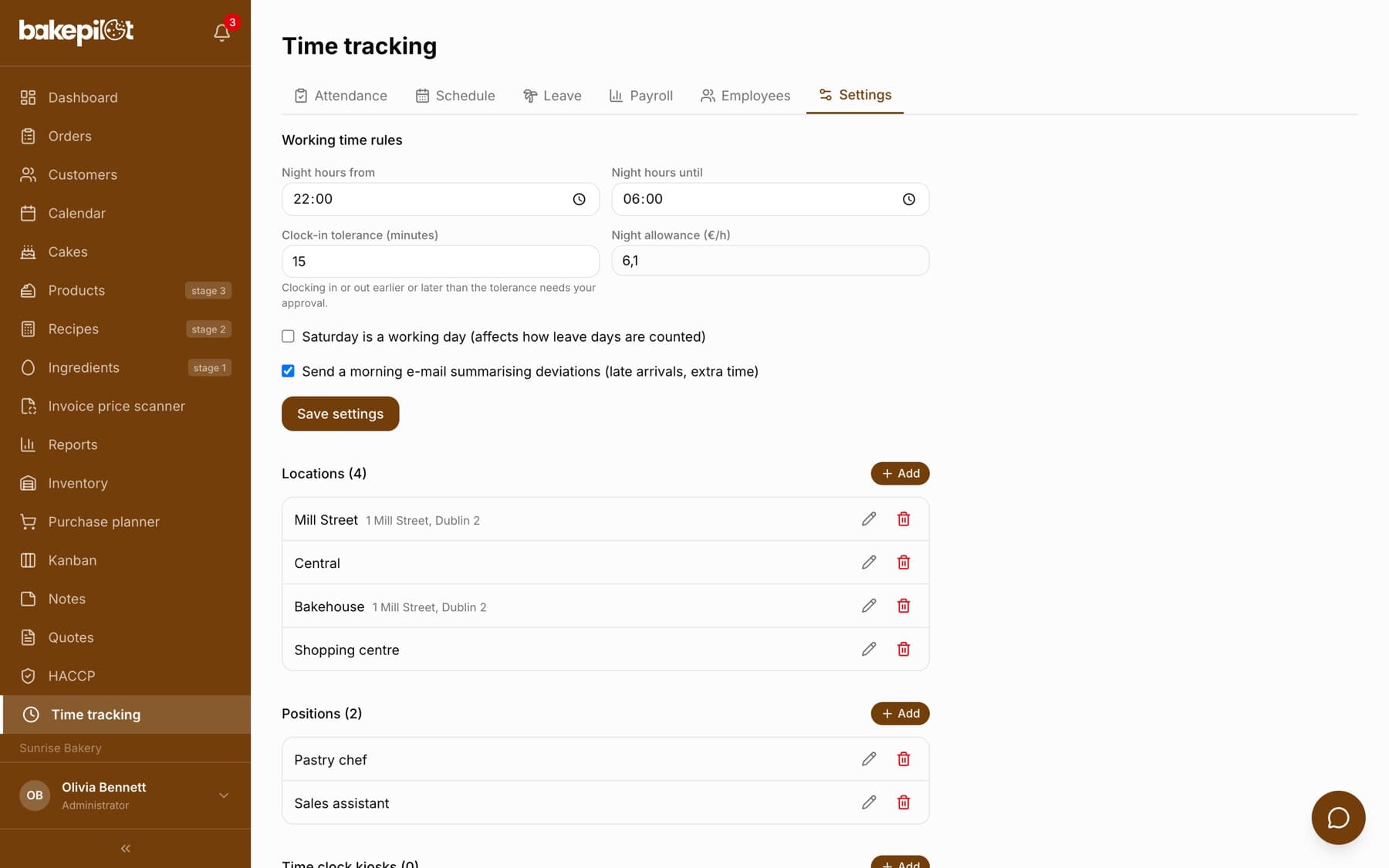 Settings tab of the Time tracking module: Working time rules with the fields Night hours from, Night hours until, Clock-in tolerance (minutes), Night allowance, two checkboxes and the Locations and Positions sections