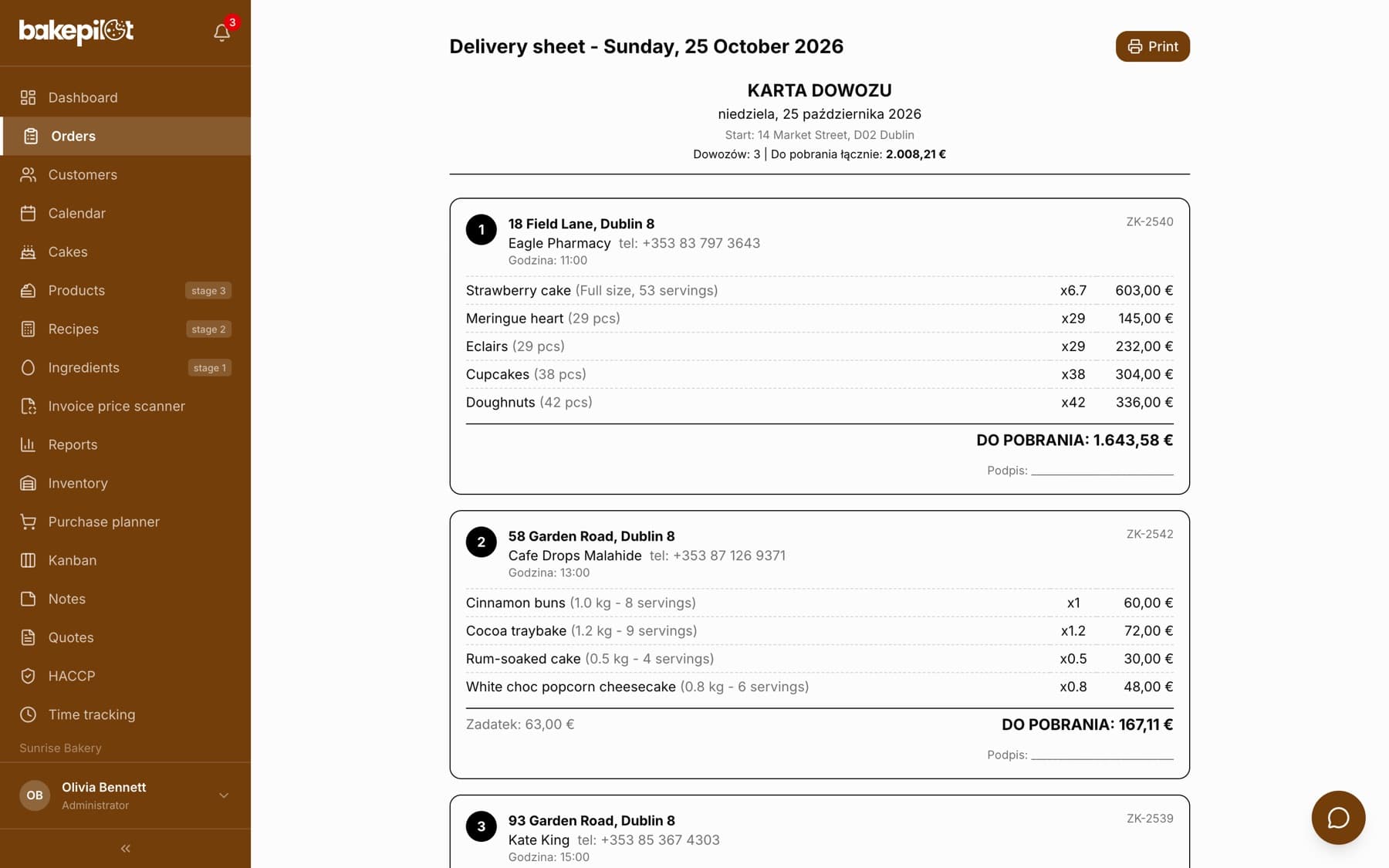 Printable delivery sheet: numbered addresses, products, amount to collect and space for a signature