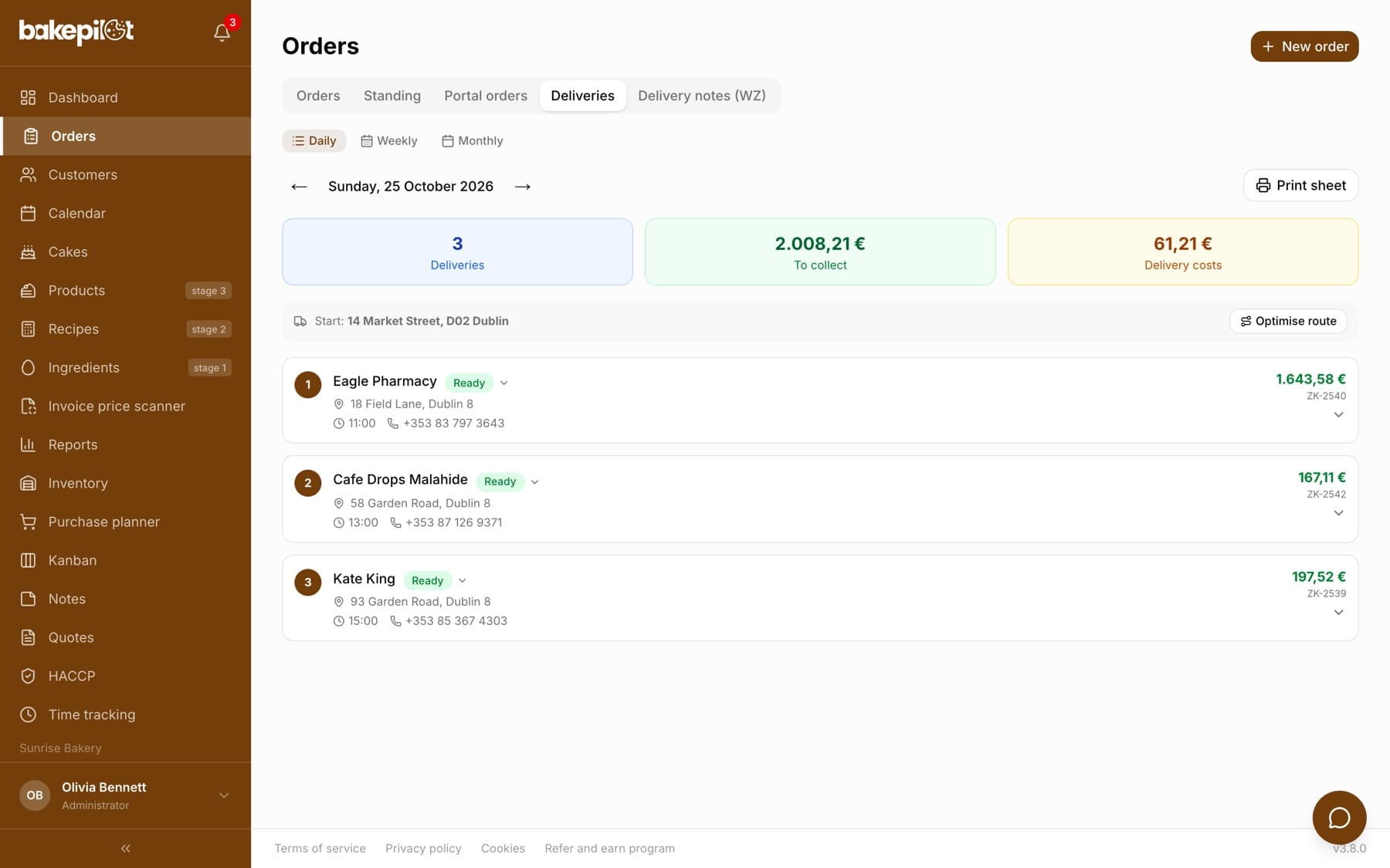Deliveries tab: number of deliveries, amount to collect, starting address and the Optimise route button