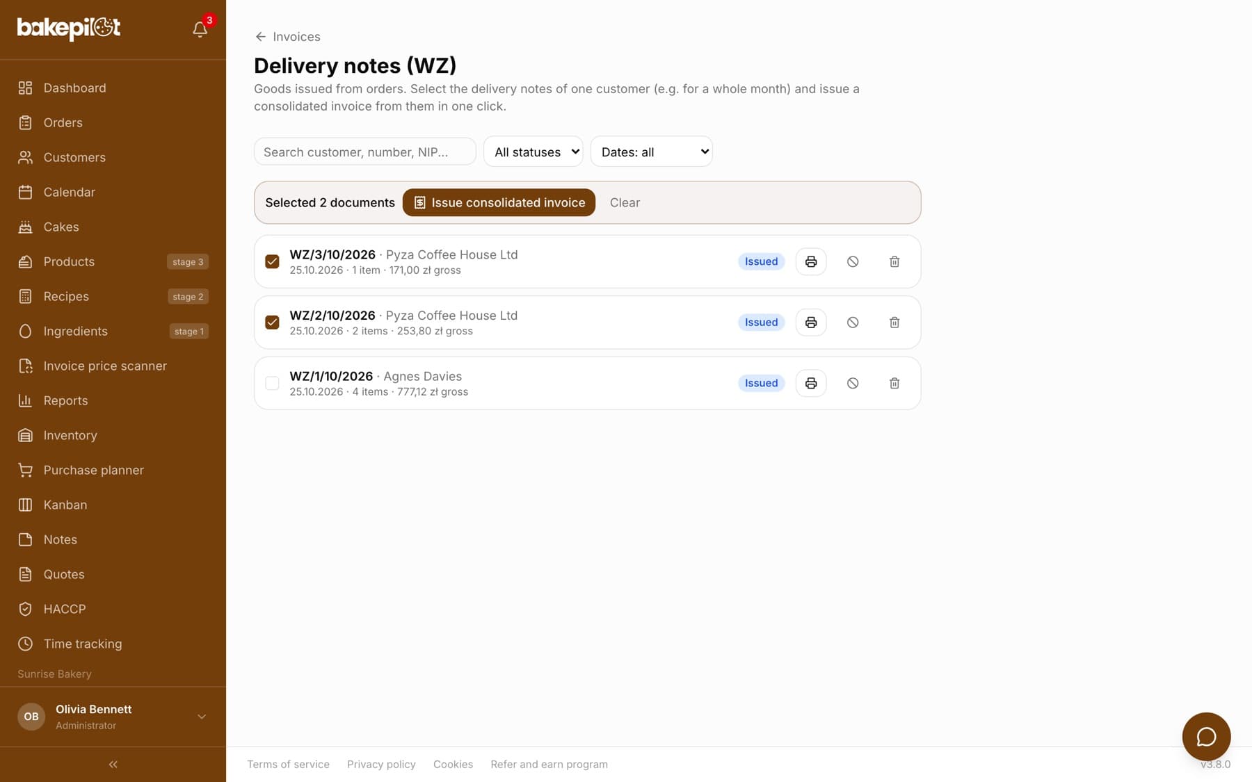 List of delivery notes (WZ) with checkboxes, Issued statuses and print, cancel and delete icons