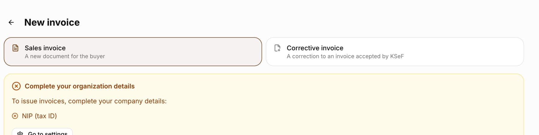 The New invoice page with two type tiles: Sales invoice (A new document for the buyer) and Corrective invoice (A correction to an invoice accepted by KSeF)