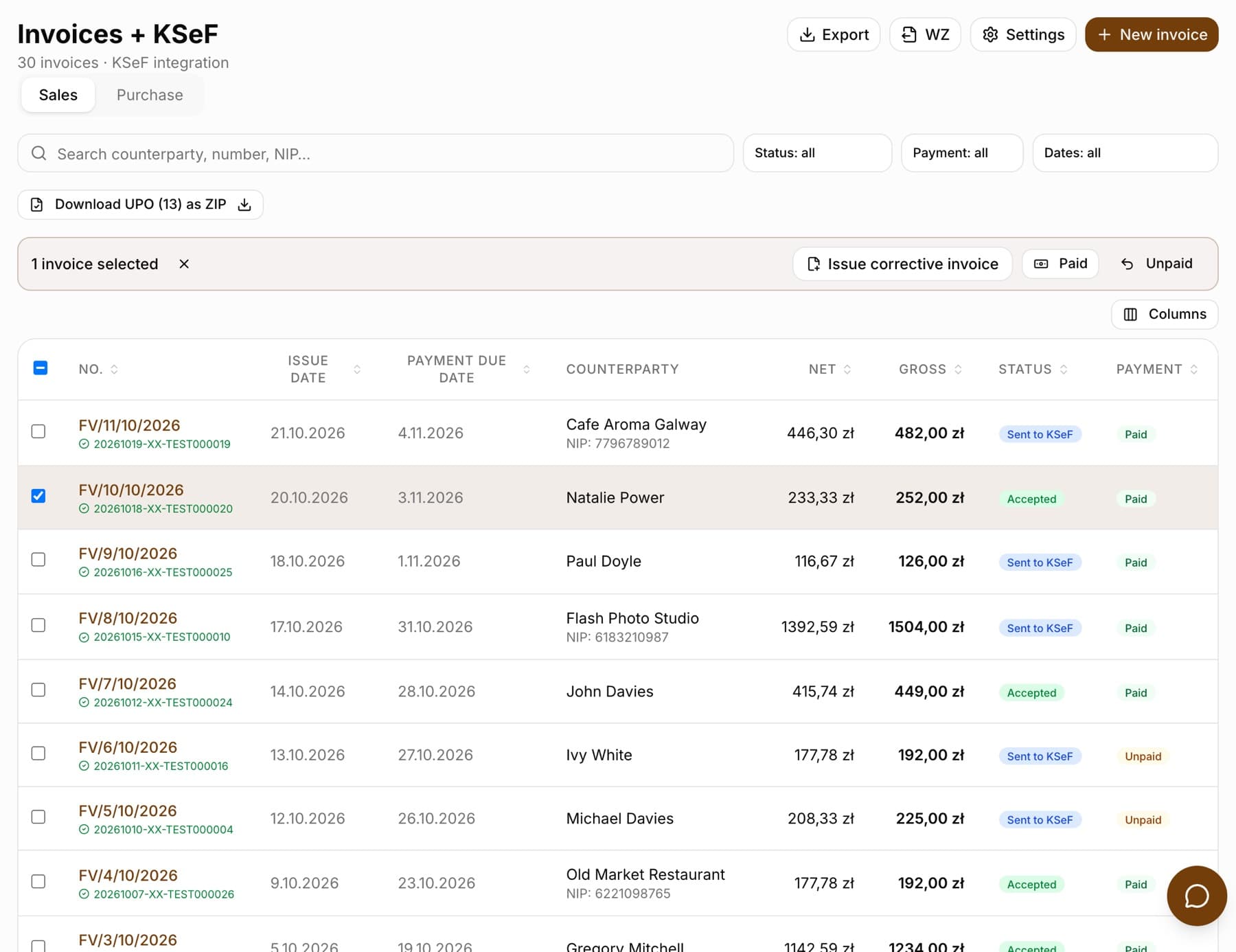 Invoice list with one invoice accepted in KSeF selected; in the 1 invoice selected bar, the Issue corrective invoice button is active next to Paid and Unpaid