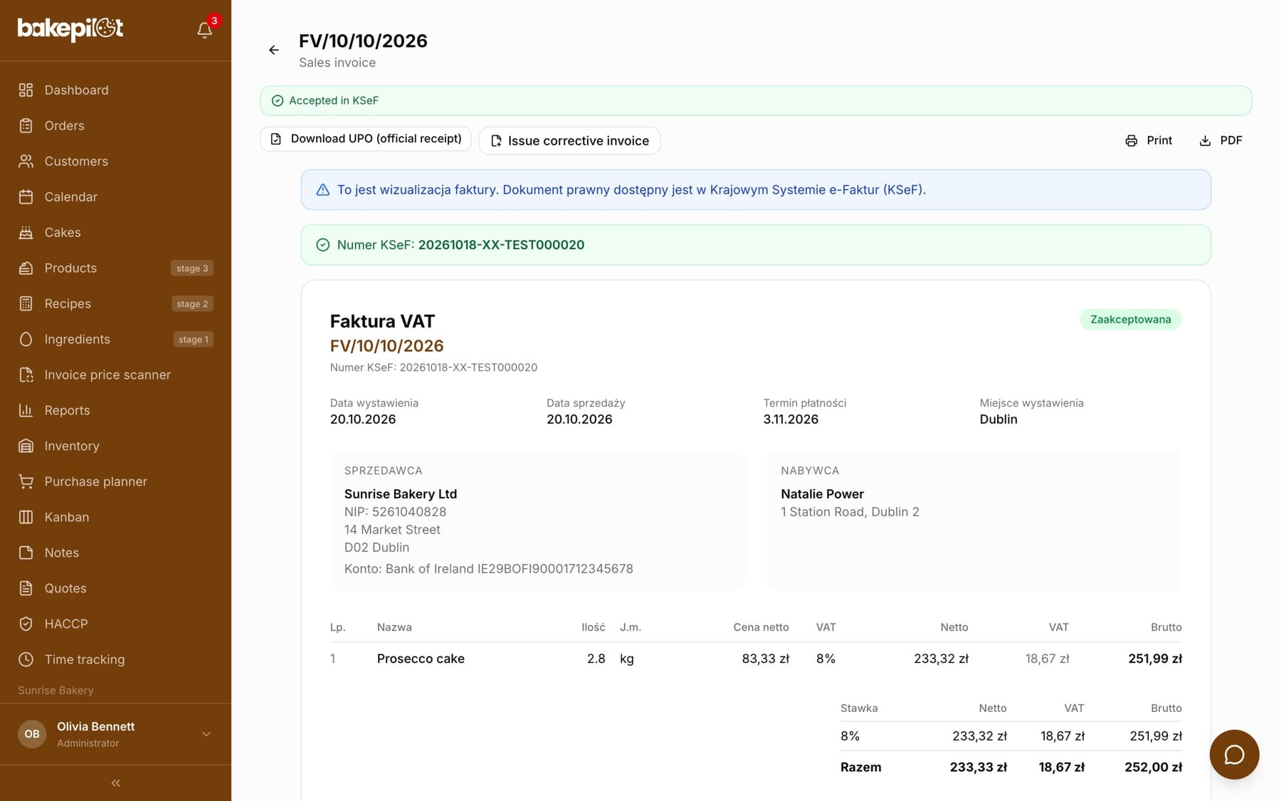 VAT invoice issued from an order, accepted in KSeF, with UPO download