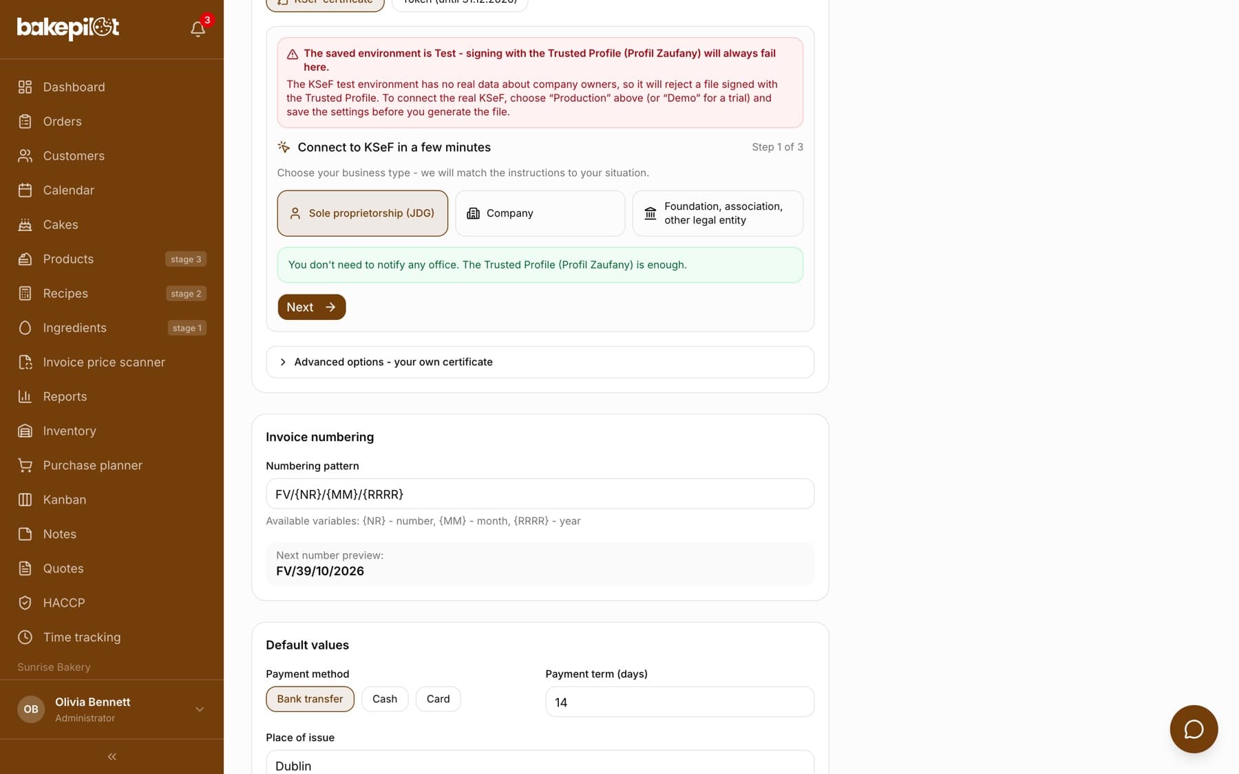 Step-by-step KSeF connection wizard and invoice numbering