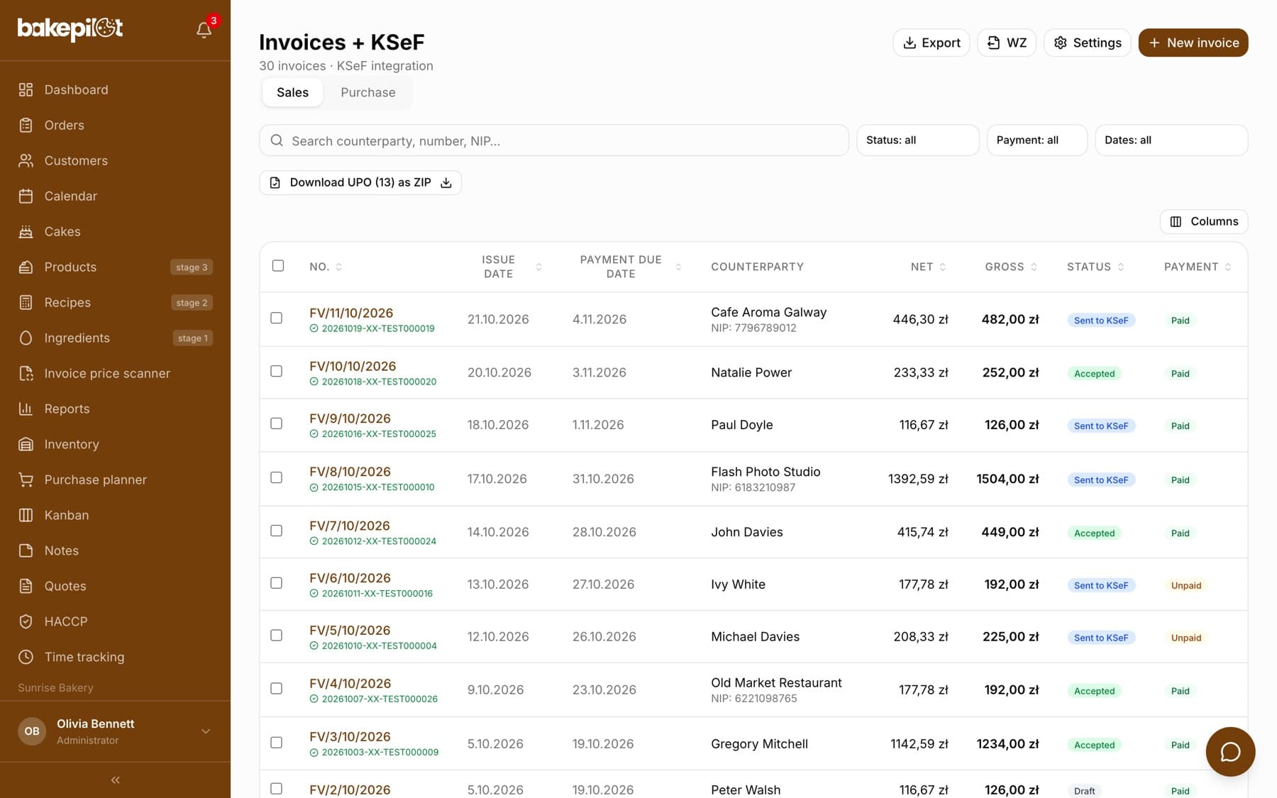 Sales invoice list: Sales and Purchase tabs, search, status, payment and date filters, the Download UPO (13) as ZIP button and a table with the columns No. (with the KSeF number below the invoice number), Issue date, Payment due date, Counterparty, Net, Gross, Status and Payment