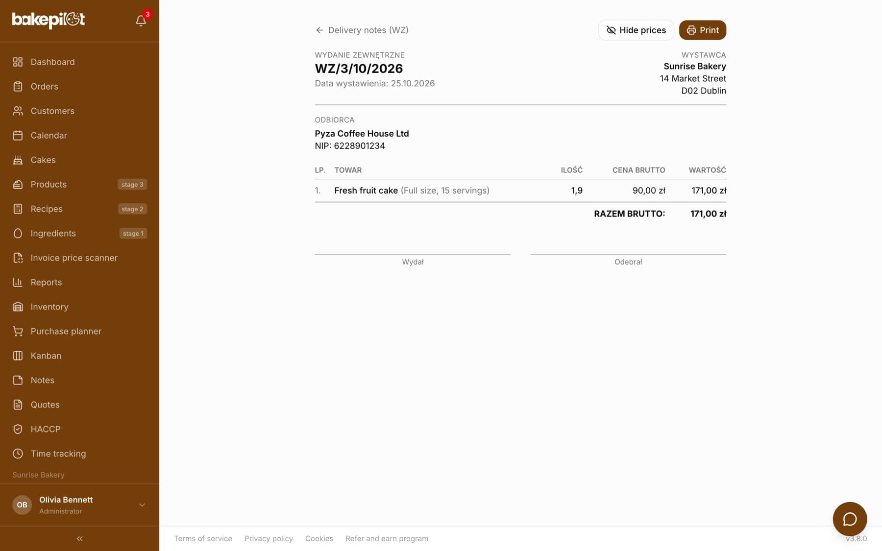 Printout of a delivery note (WZ) with the number, issuer, recipient, a table of items with gross prices and signature lines for issuing and receiving