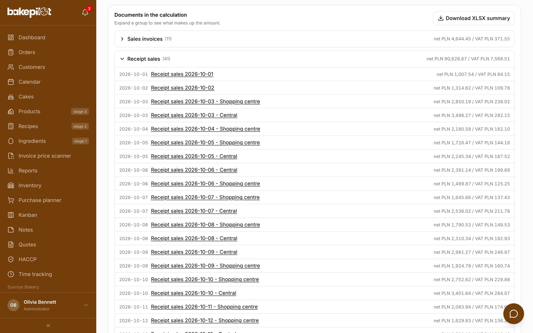 The Documents in the calculation section with the Receipt sales group expanded - four daily reports with net and VAT amounts and the Download XLSX summary button