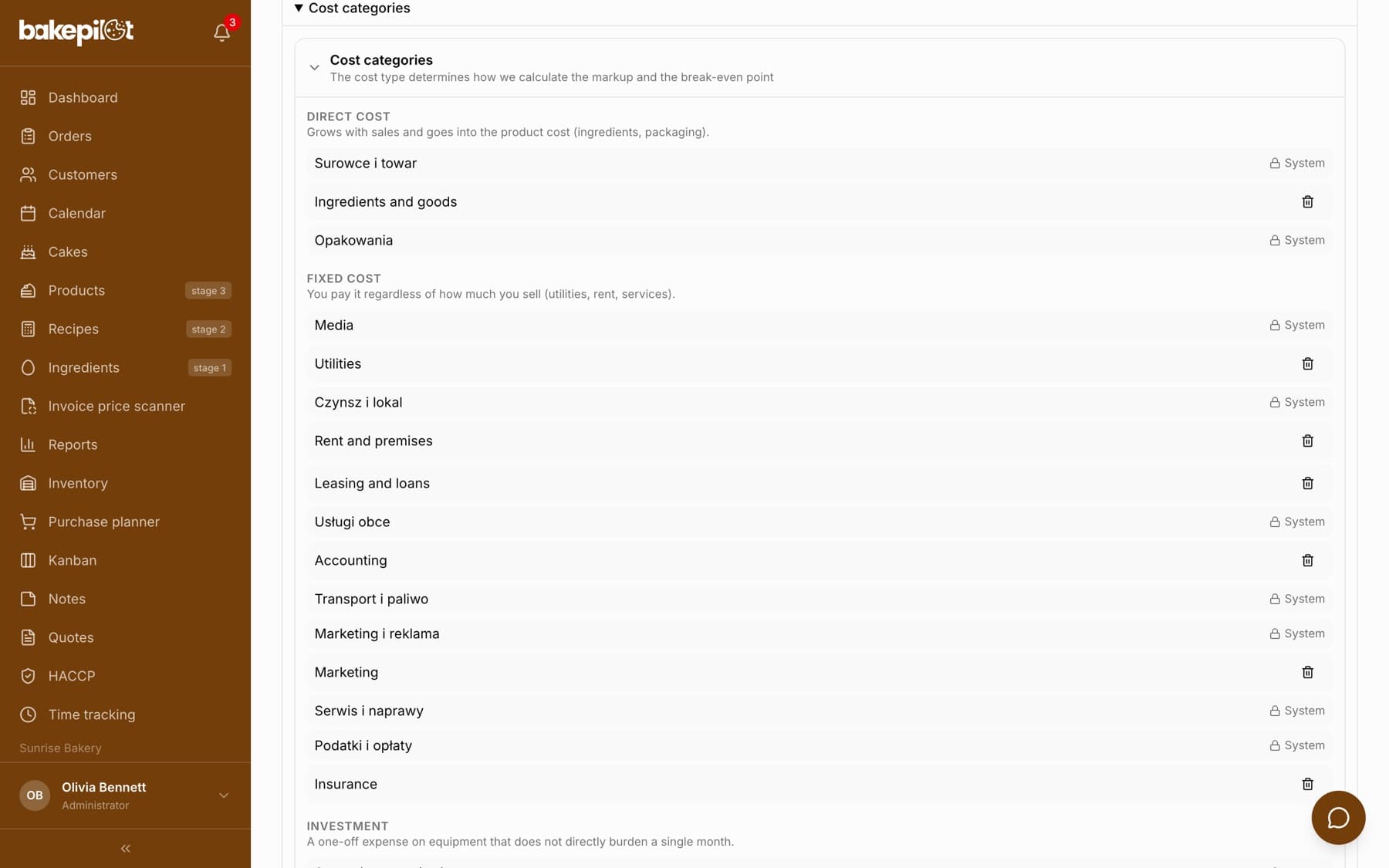 The expanded Cost categories section at the bottom of the Finance tab with the Direct cost group and a description of the cost type
