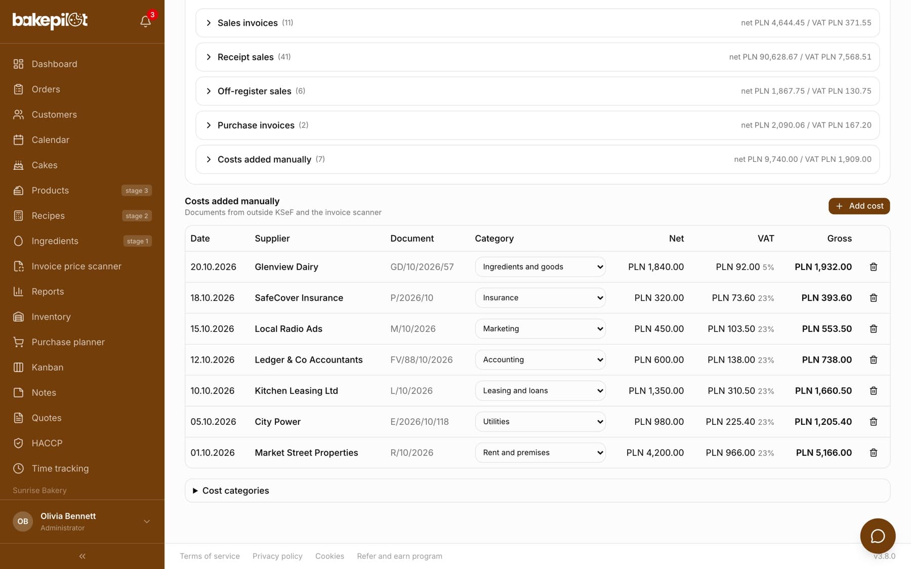 The Costs added manually section with a table of seven costs: date, supplier, document, Category list, net, VAT, gross and the Add cost button
