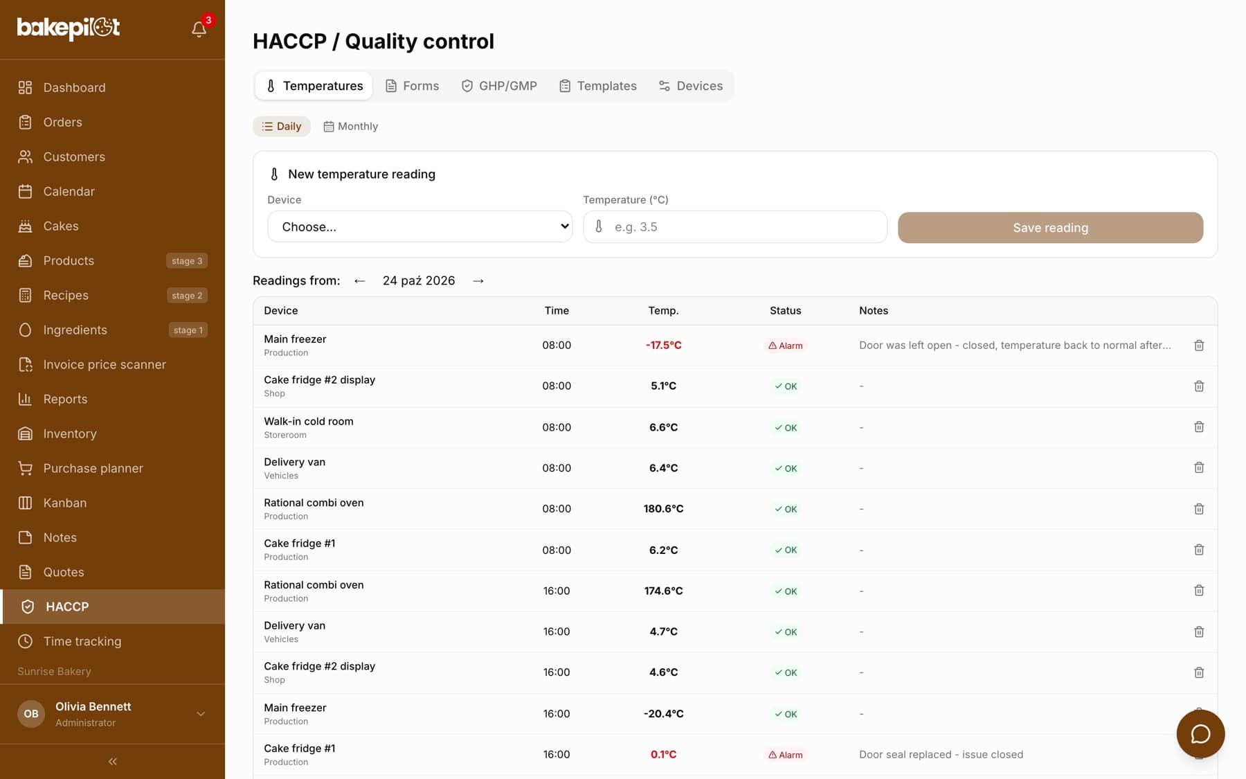 HACCP tab with the Temperatures, Forms, GHP/GMP, Templates and Devices tabs, the New temperature reading form and a list of readings from September 4, 2026 with OK statuses