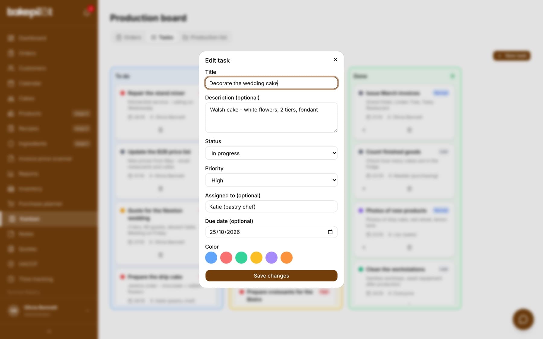 Edit task window on the Tasks board with the Title, Description, Status, Priority, Assigned to and Due date fields, a color picker and the Save changes button