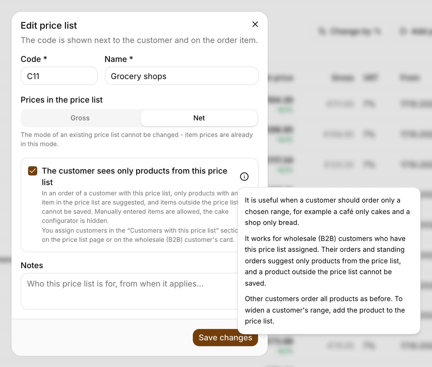 Edit price list window for C11 Grocery shops with the option The customer sees only products from this price list ticked and the information icon expanded, explaining when to tick this option
