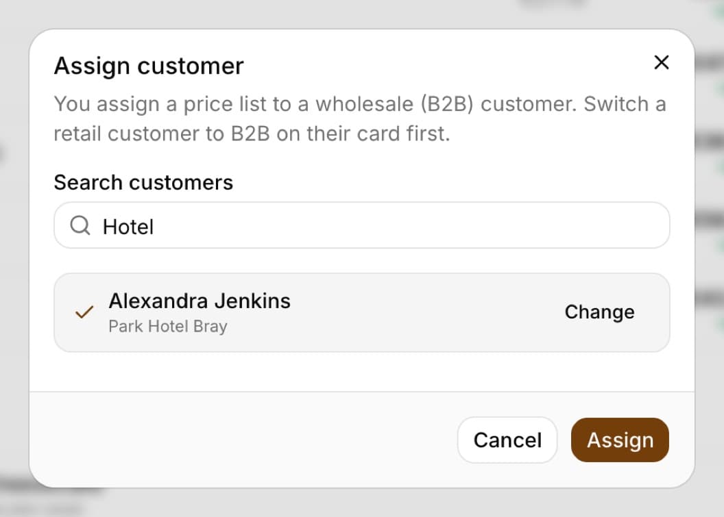 Assign customer window with the Search customers field, the word Hotel typed in, three wholesale customers on the list (Hotel Park Pleszew selected) and the Cancel and Assign buttons