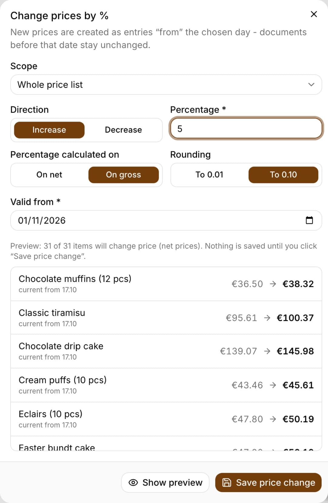 Change prices by % window with the Whole price list scope, a 5% increase calculated on gross, rounding to 0.10, the Valid from date 01.11.2026 and a preview of the current and new prices