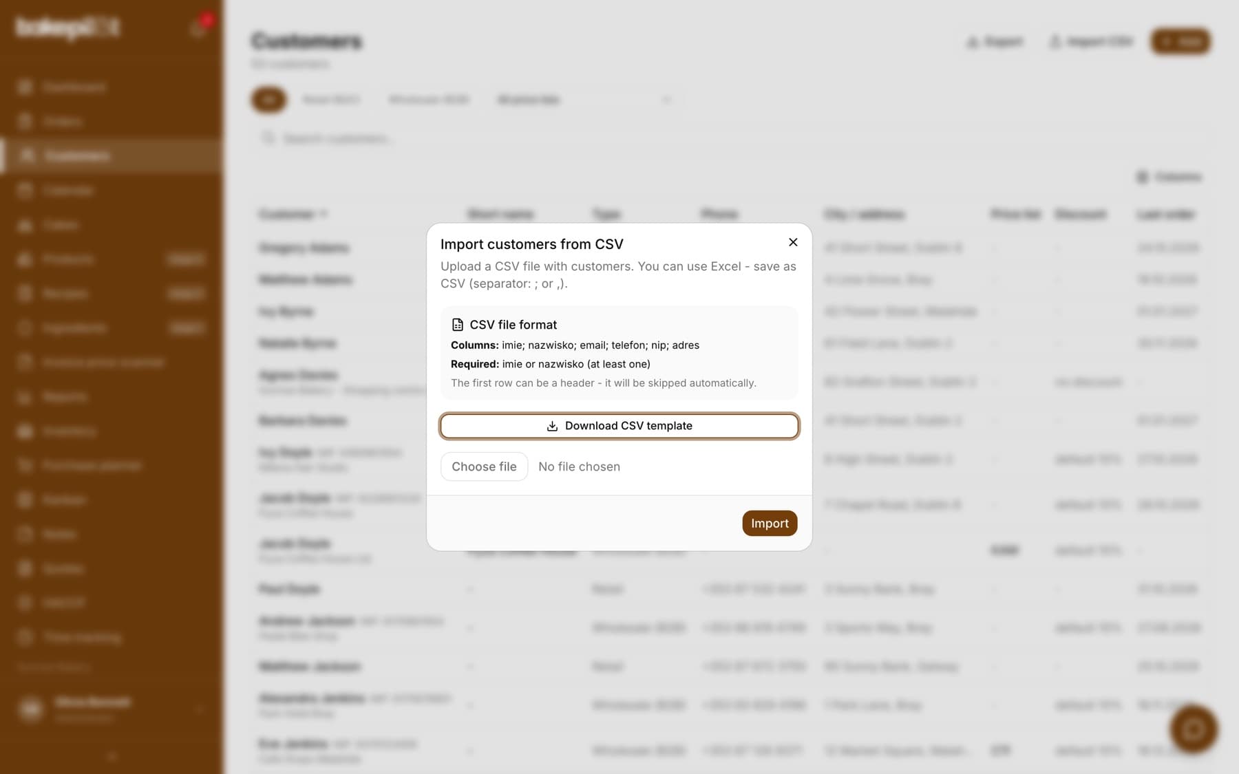 Import customers from CSV window with a description of the file format: the columns imie; nazwisko; email; telefon; nip; adres, a note that a first or last name is required, the Download CSV template button, a file picker and the Import button