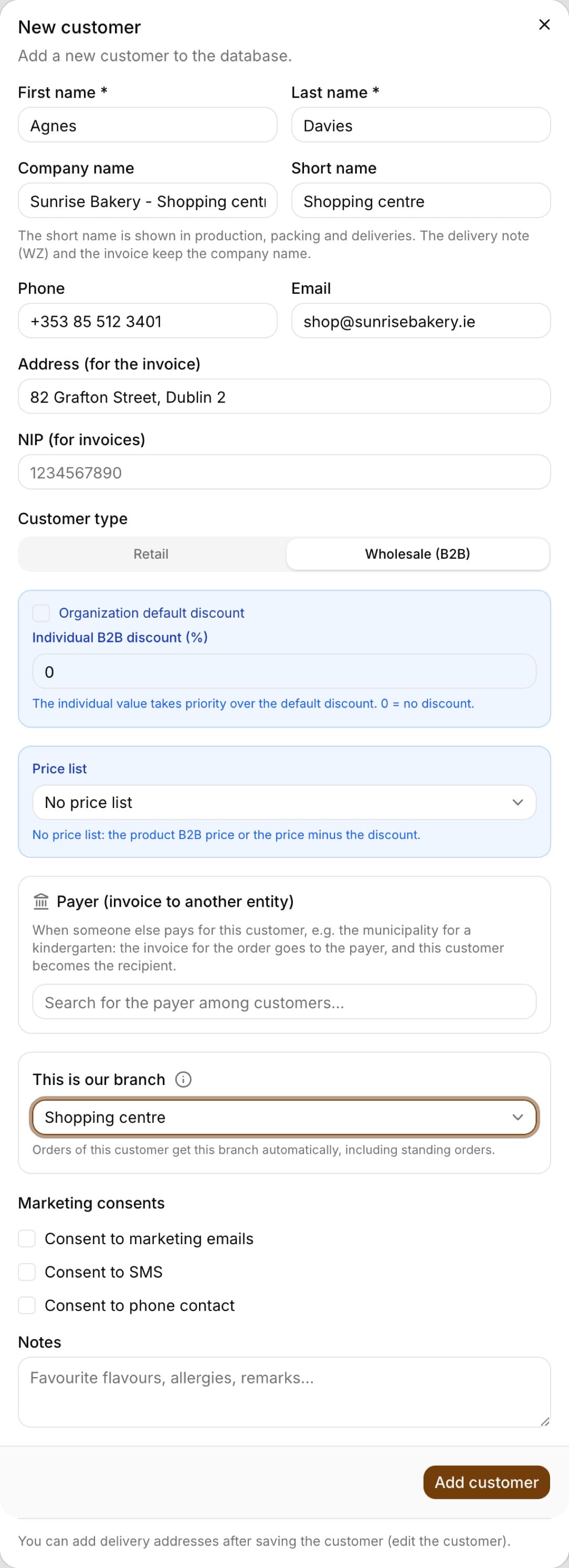 New customer form with a notes field for favorite flavors and allergies, and marketing consents