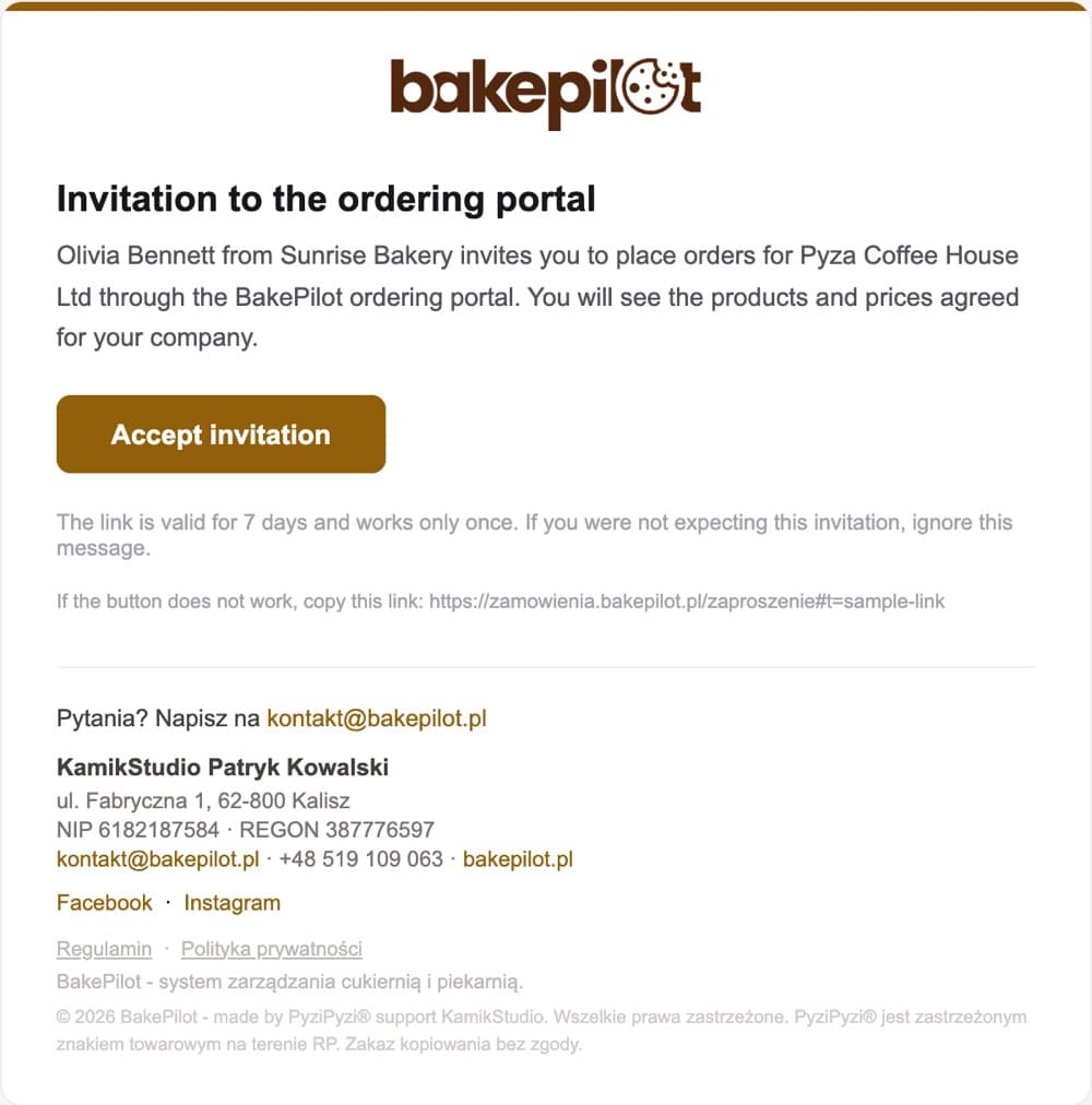Invitation to the ordering portal email: Kamila Kowalska from Cukiernia Demo invites you to place orders for Kawiarnia Pyza, the Accept invitation button and a note that the link is valid for 7 days and works only once