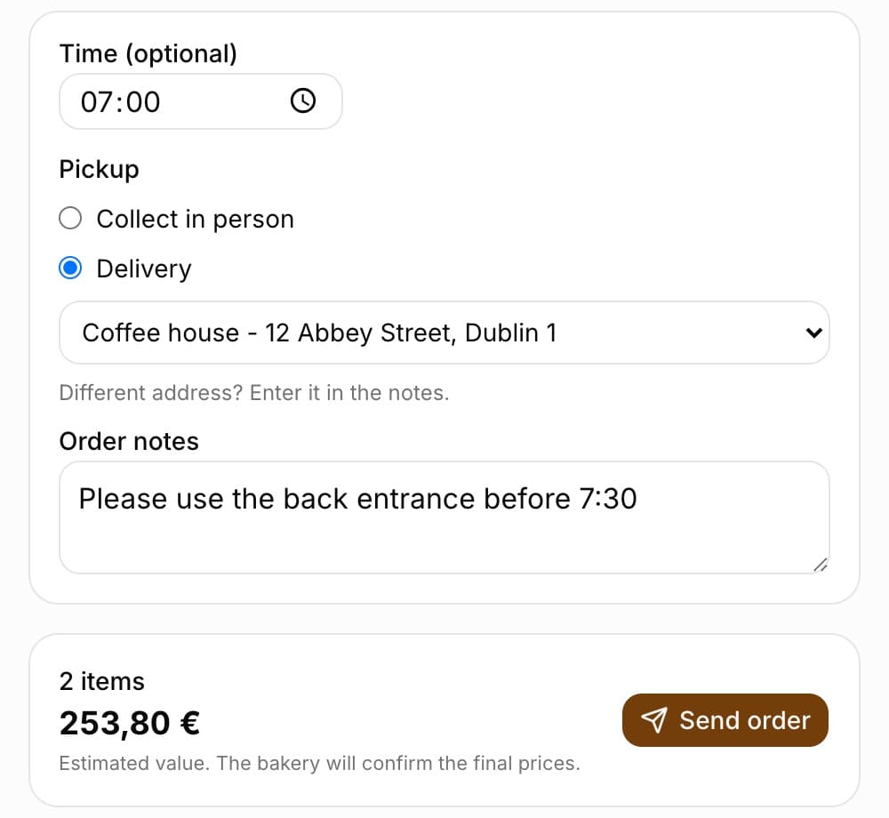 Bottom of the order form in the portal: Time (optional) 07:00, Pickup with Delivery selected and the address Kawiarnia - ul. Srodmiejska 12, 62-800 Kalisz, Order notes and the Send order button
