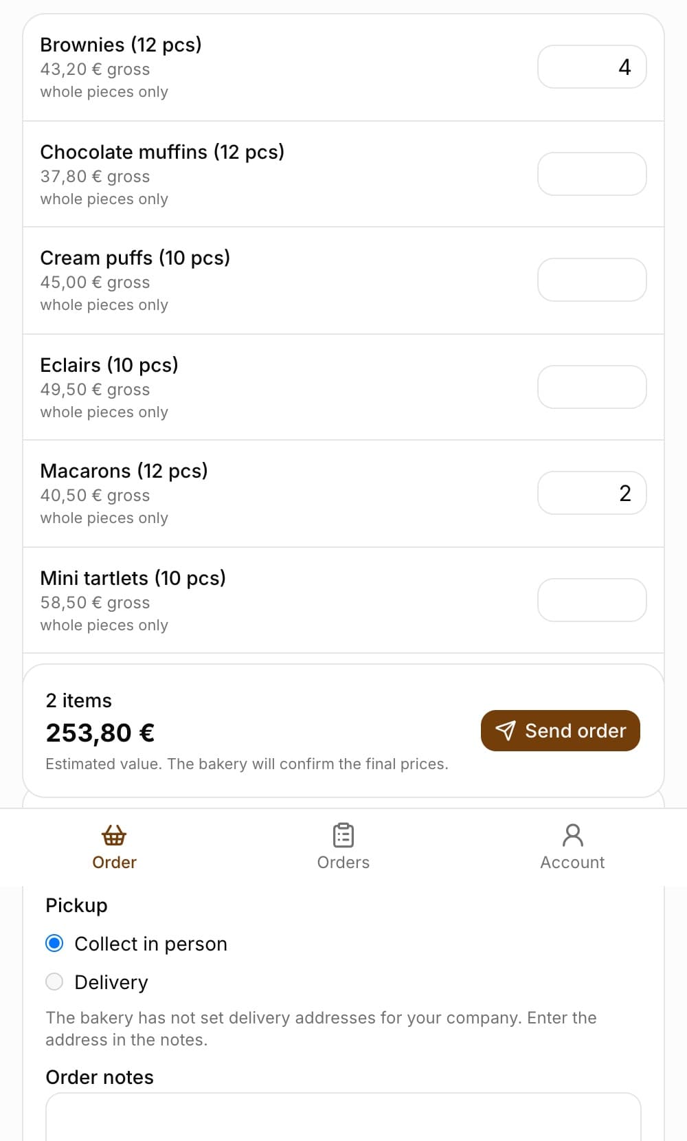Order tab in the portal: Cukiernia Demo, Ordering for: Kawiarnia Pyza sp. z o.o., the Pickup date 25.10.2026 and Search fields side by side, below them the All, Cakes, Bread and selected Cookies categories, a list of cookies with gross prices and entered quantities (Brownie 4, Macarons 2), and at the bottom 2 items, 253.80 PLN and the Send order button