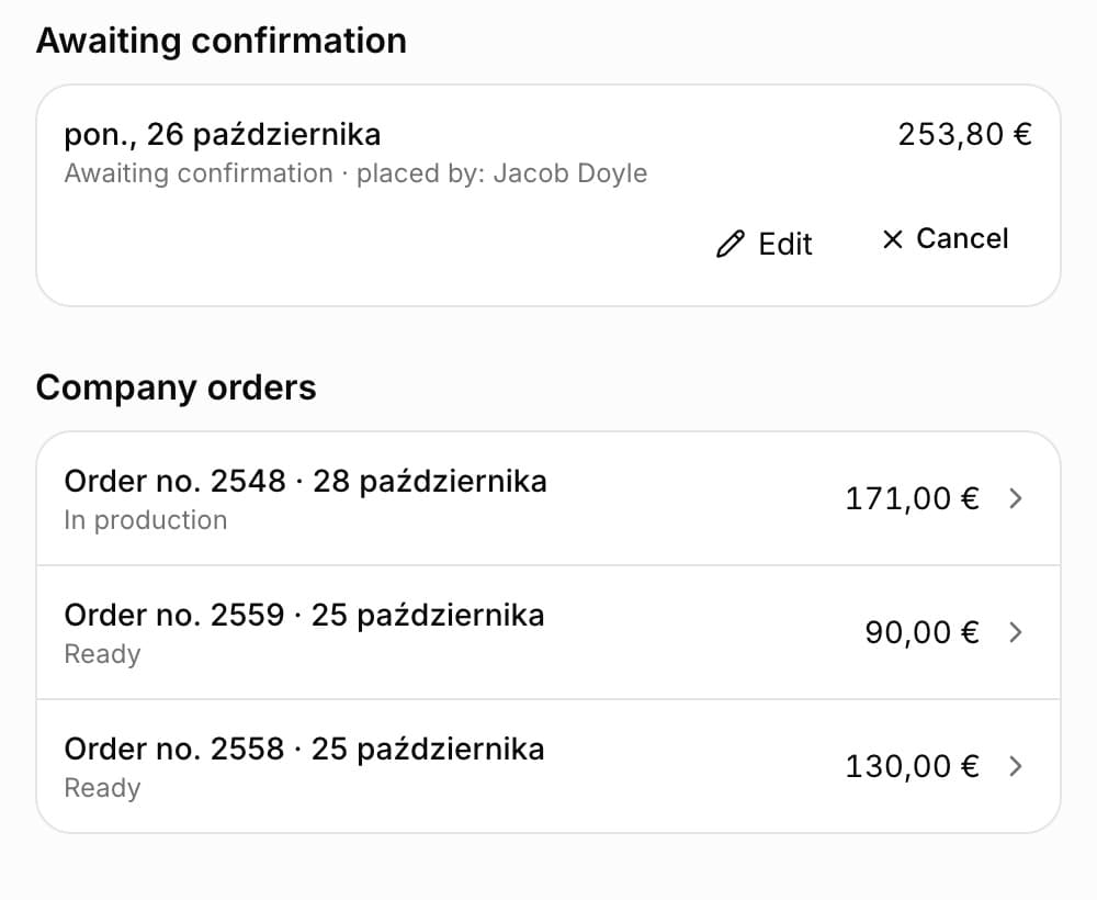 Orders tab in the portal: the Awaiting confirmation section with an order for Monday 19 October for 378.79 PLN, placed by: Jakub Duda, with the Edit and Cancel buttons, and the Company orders section with orders no. 104 (In production) and no. 42 (Handed over)