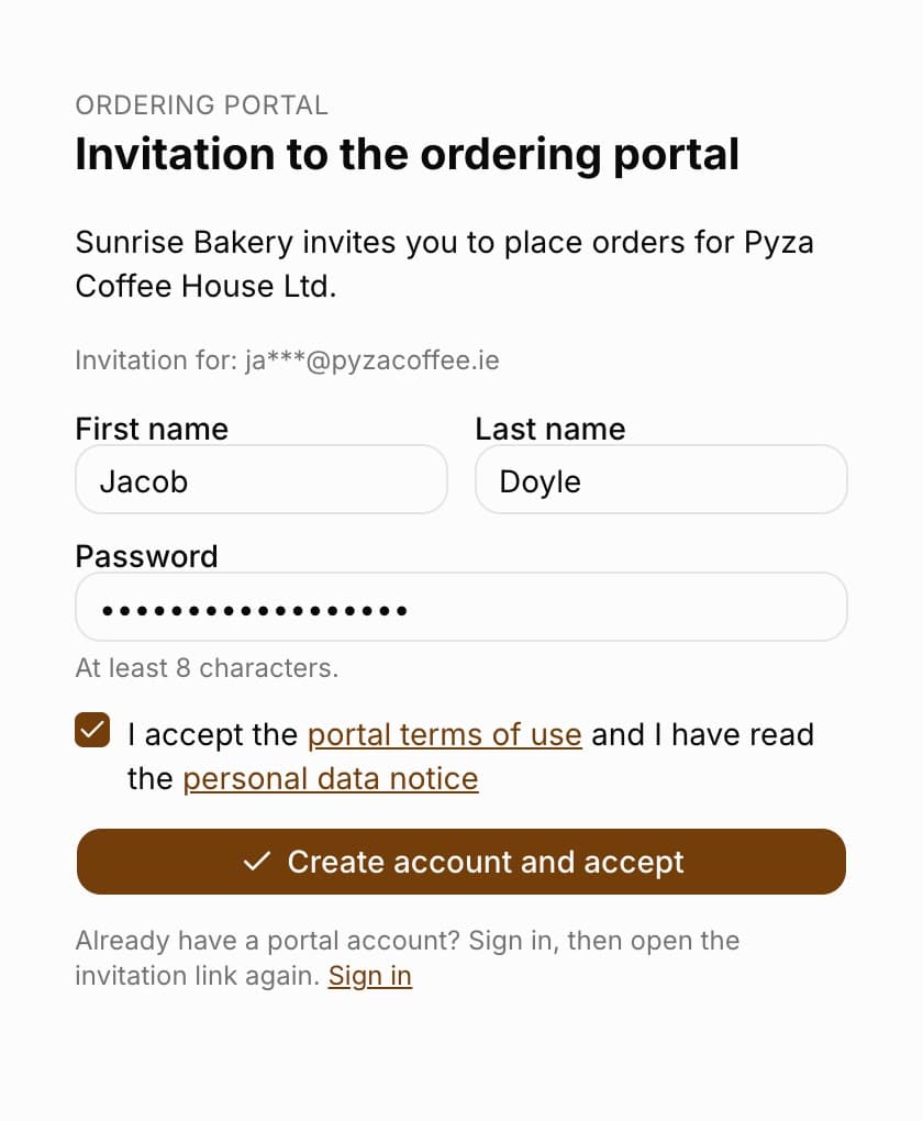 Invitation to the ordering portal page: Cukiernia Demo invites you to place orders for Kawiarnia Pyza, the masked invitation address, the First name, Last name and Password fields, the terms acceptance ticked and the Create account and accept button