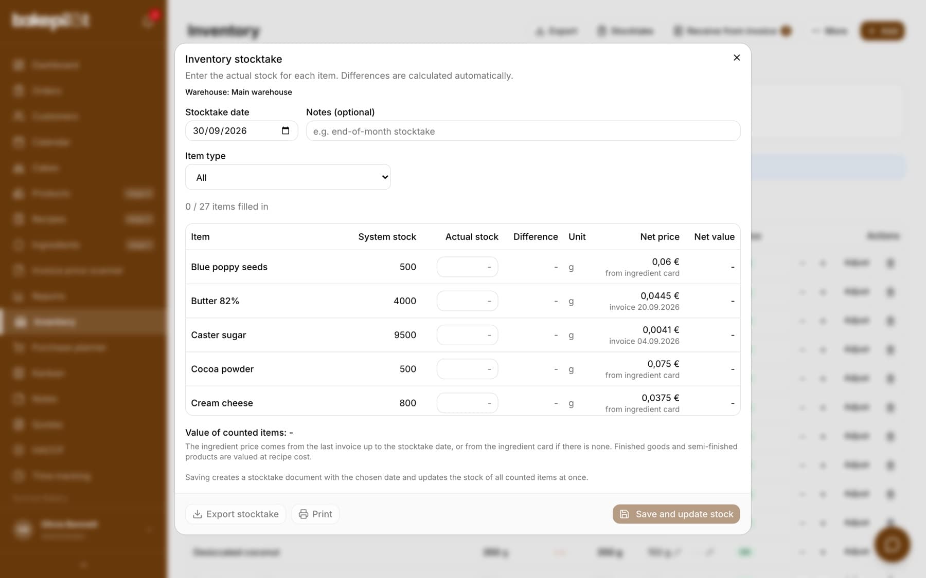 The stocktake window dated 30.09.2026: for each ingredient the system stock, actual stock, difference, net price per gram with the invoice date and net value, with the Value of counted items below the table