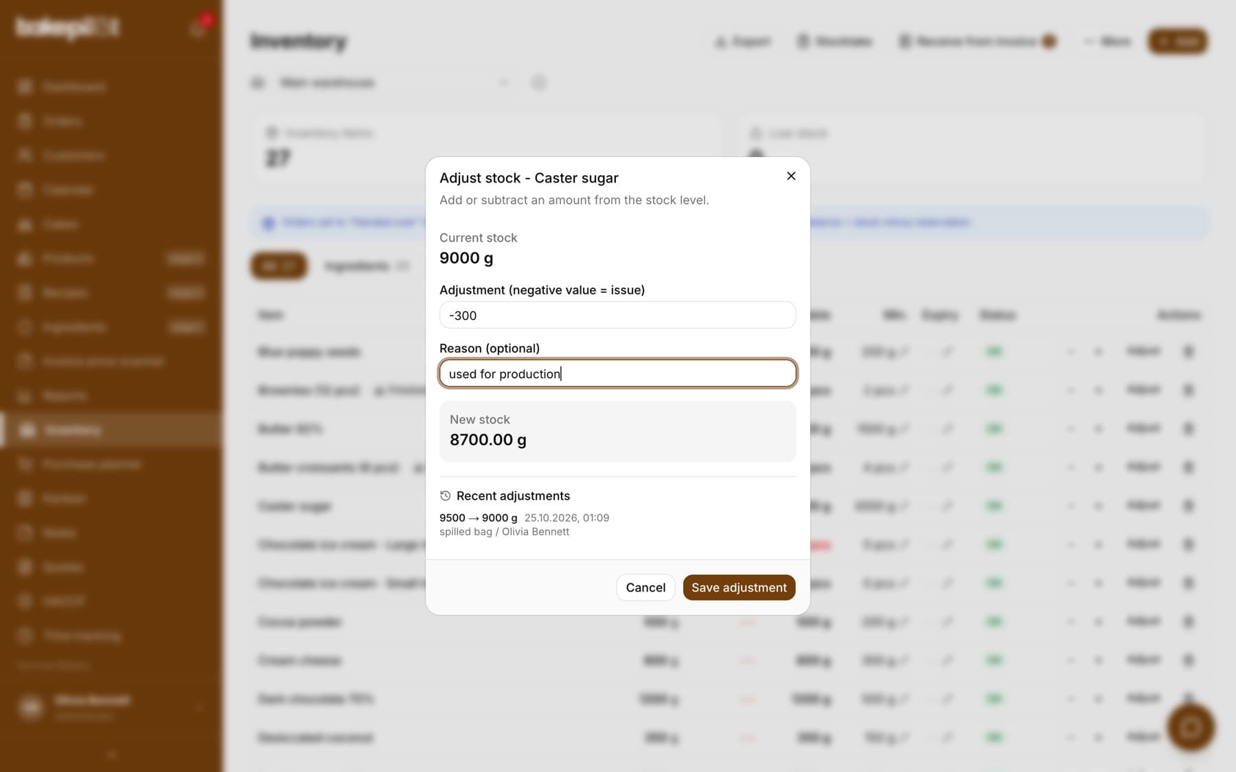 Ingredient stock adjustment window with the usage reason and a list of recent adjustments