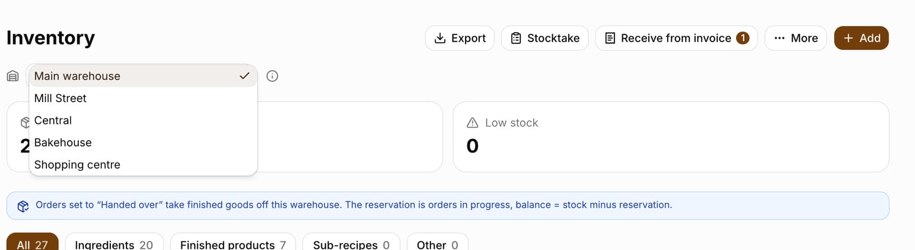 The Inventory module header with the Export, Stocktake, Receive from invoice (with a counter), More and Add buttons and the expanded warehouse picker: Main warehouse (selected), Fabryczna, Centralna, Galeria, Pracownia, with an information icon next to the list