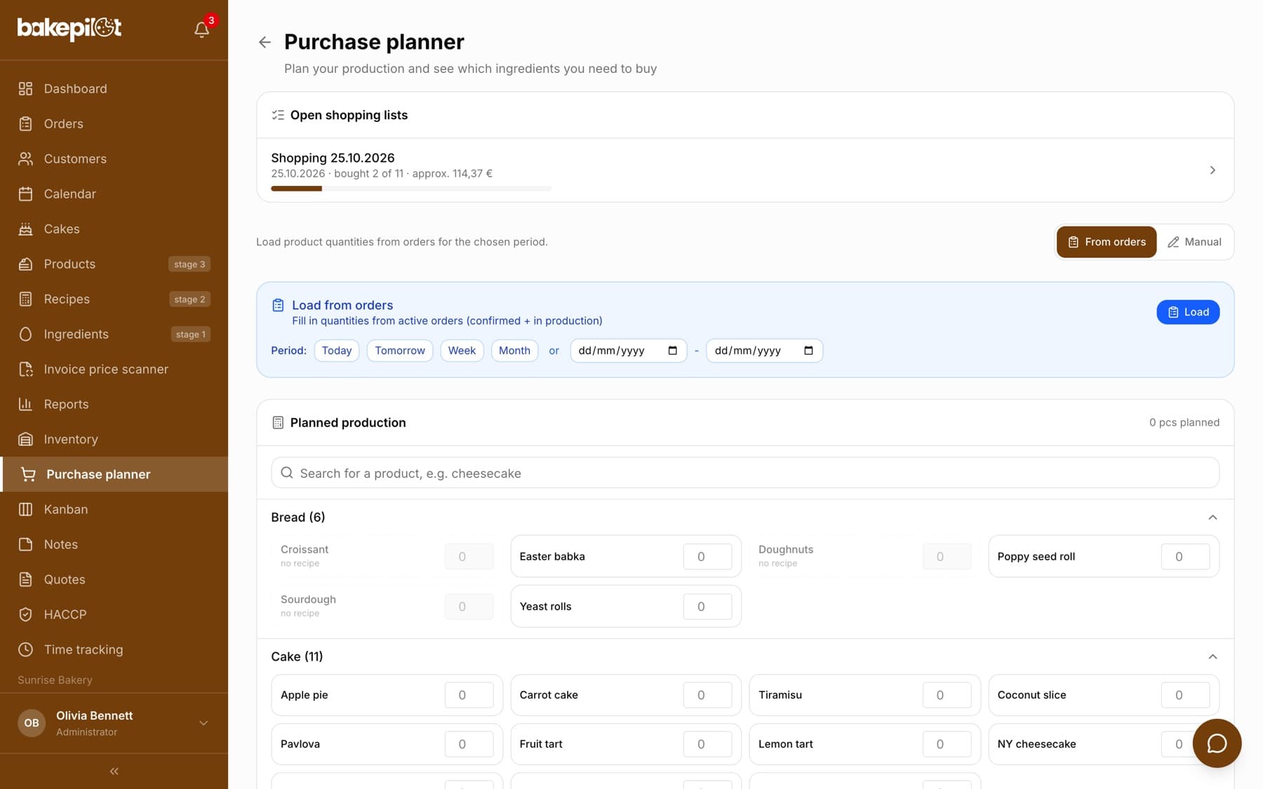 The purchase planner with the Load from orders box, a period picker and a list of products grouped into categories with quantity fields