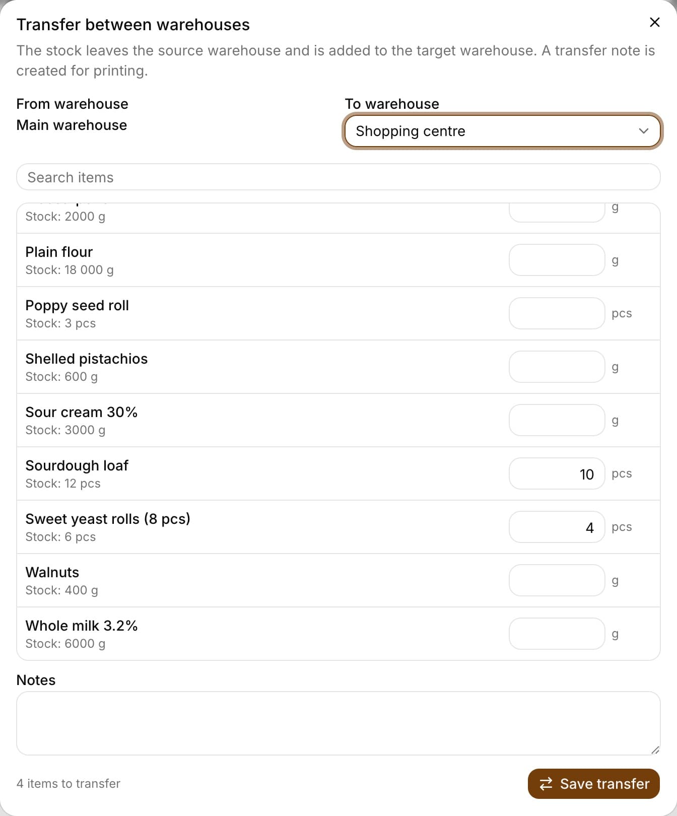 The Transfer between warehouses window: From warehouse Main warehouse, To warehouse Galeria, the Search items field, a list of items with their stock and a quantity field (Brownie 2 pcs, Sourdough bread 10 pcs, Butter croissant 6 pcs), the Notes field, the counter 4 items to transfer and the Save transfer button