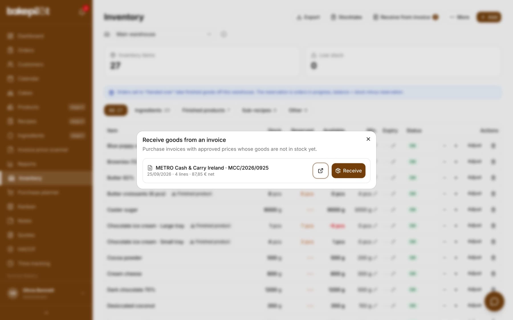The Receive goods from an invoice window in Inventory: a MAKRO Cash&Carry invoice with its date, number of lines and net amount, the label before stocktake of 26.09.2026 with an explanation, the preview and Receive buttons, and a note about 2 drafts awaiting price approval