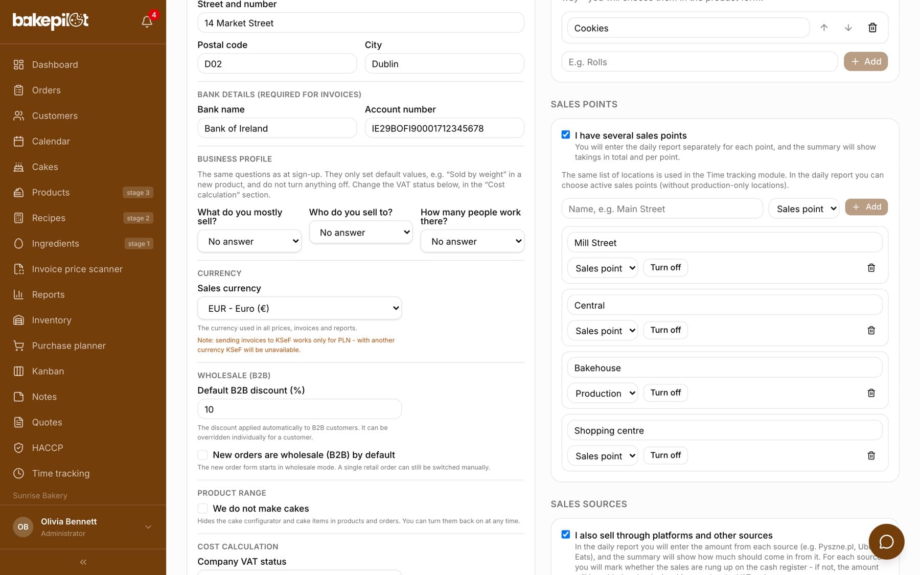 Currency section in the organization settings with the Sales currency field set to PLN