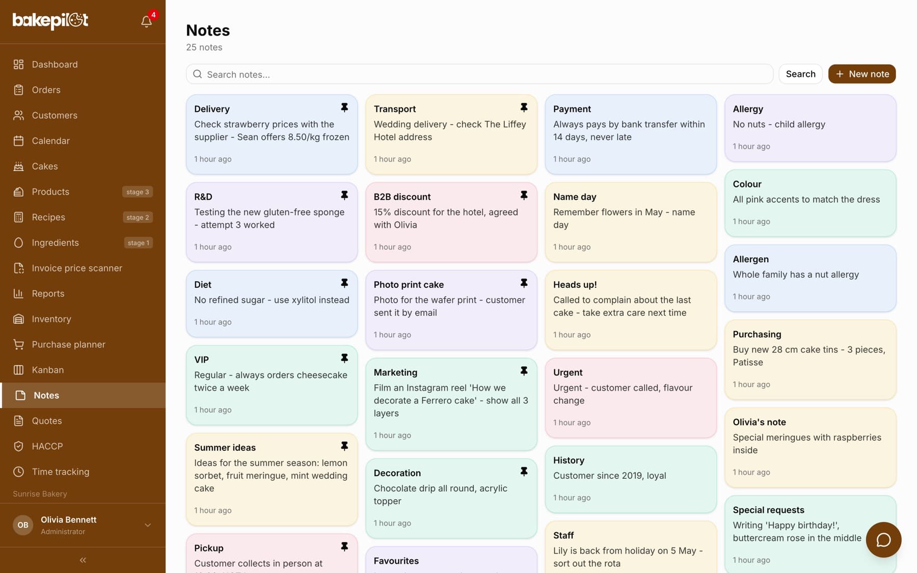 Note list with a search box and a pin icon on important notes