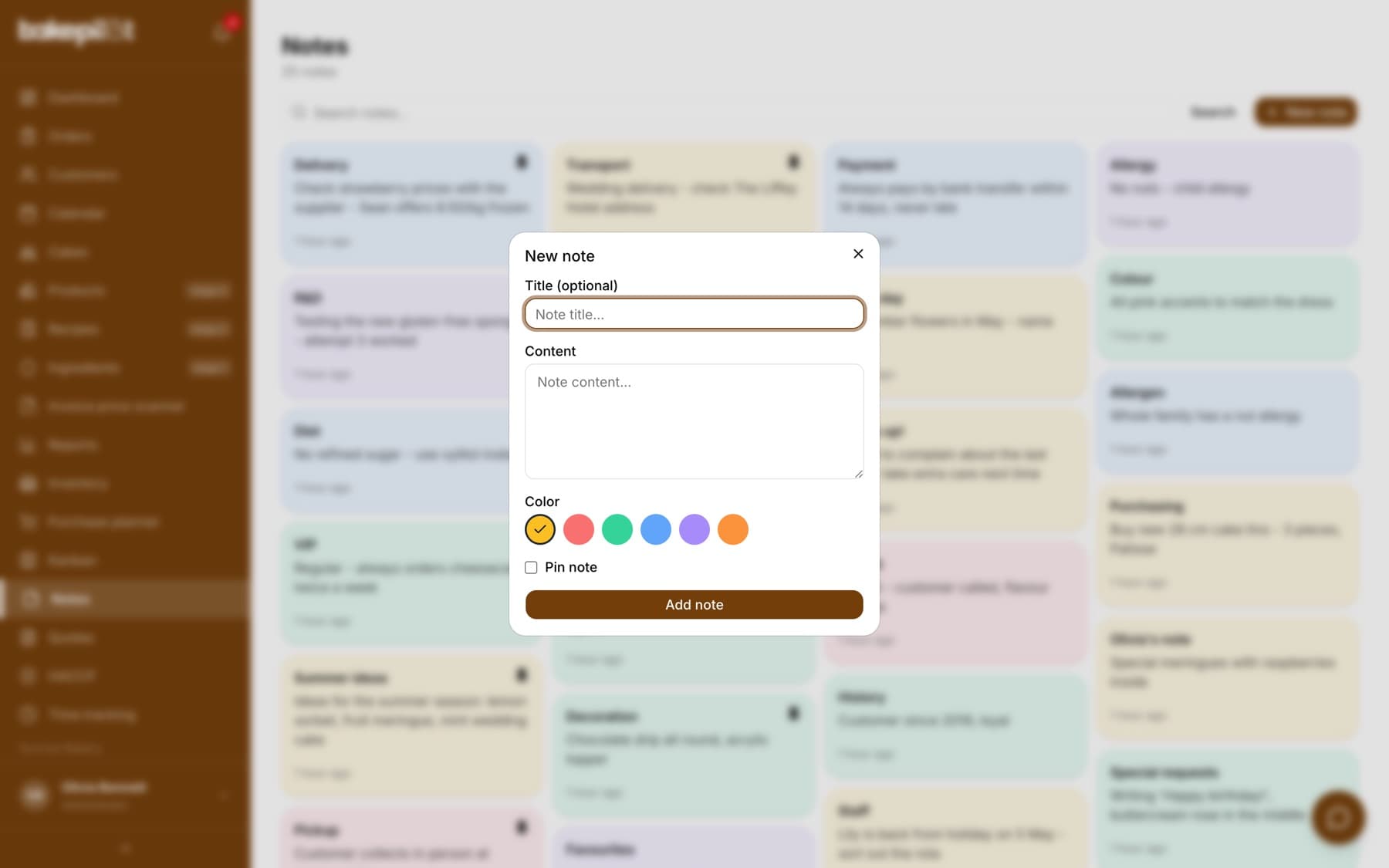 New note window: title, content, color and a pin option