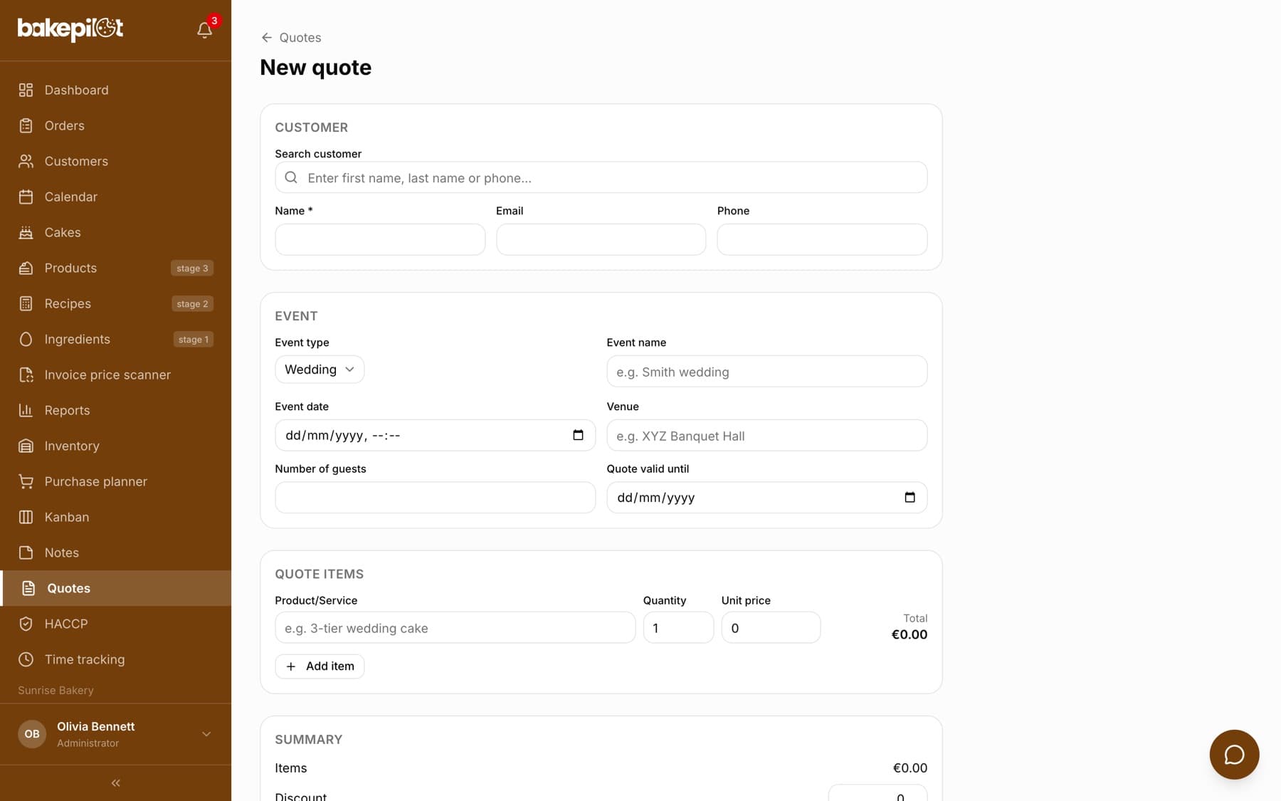 New quote form: customer, event, number of guests, validity date and items