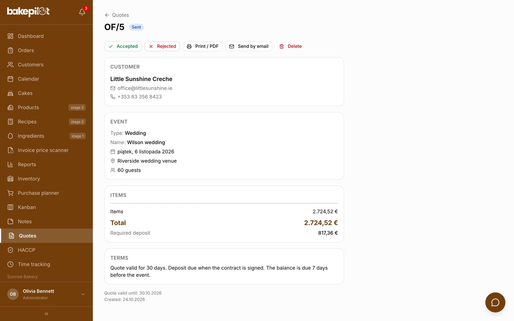 Quote details with the Print / PDF and Send by email buttons, items, discount and deposit