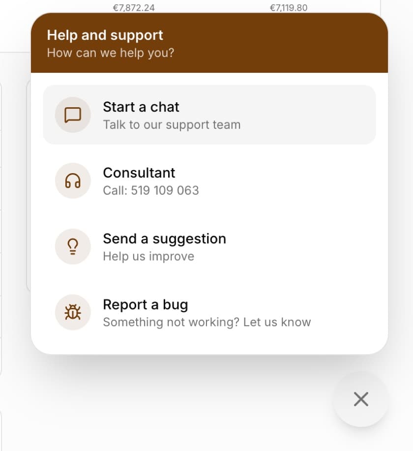 The open Help and support chat window with the question How can we help you? and the items Start a chat, Consultant (call: 519 109 063), Send a suggestion and Report a bug, with the button that closes the chat below