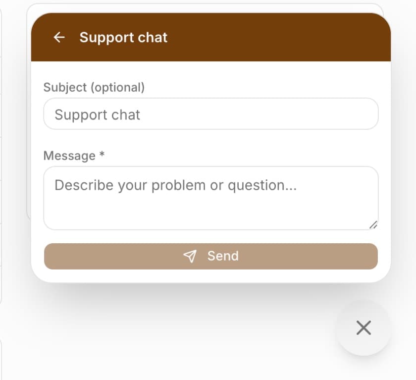 The Support chat window with the Subject (optional) field, the Message field with the hint Describe your problem or question... and the Send button