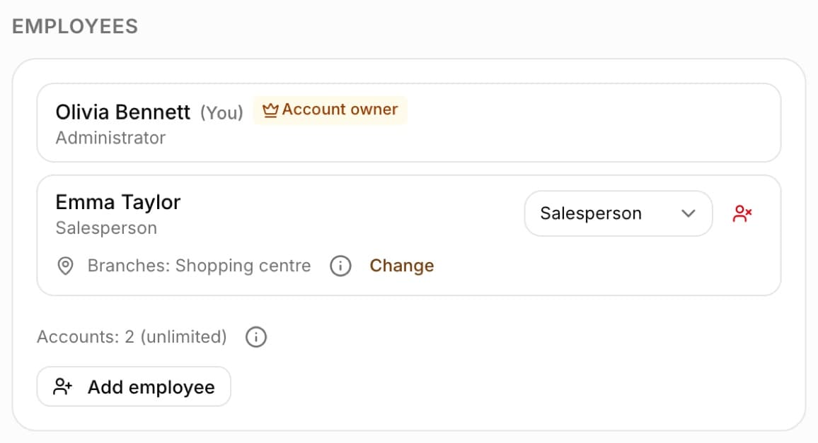 The Employees section in Settings: the account owner marked (You) and Account owner, an employee with the Salesperson role and the Galeria branch, the Accounts: 2 (unlimited) counter with an information icon and the Add employee button